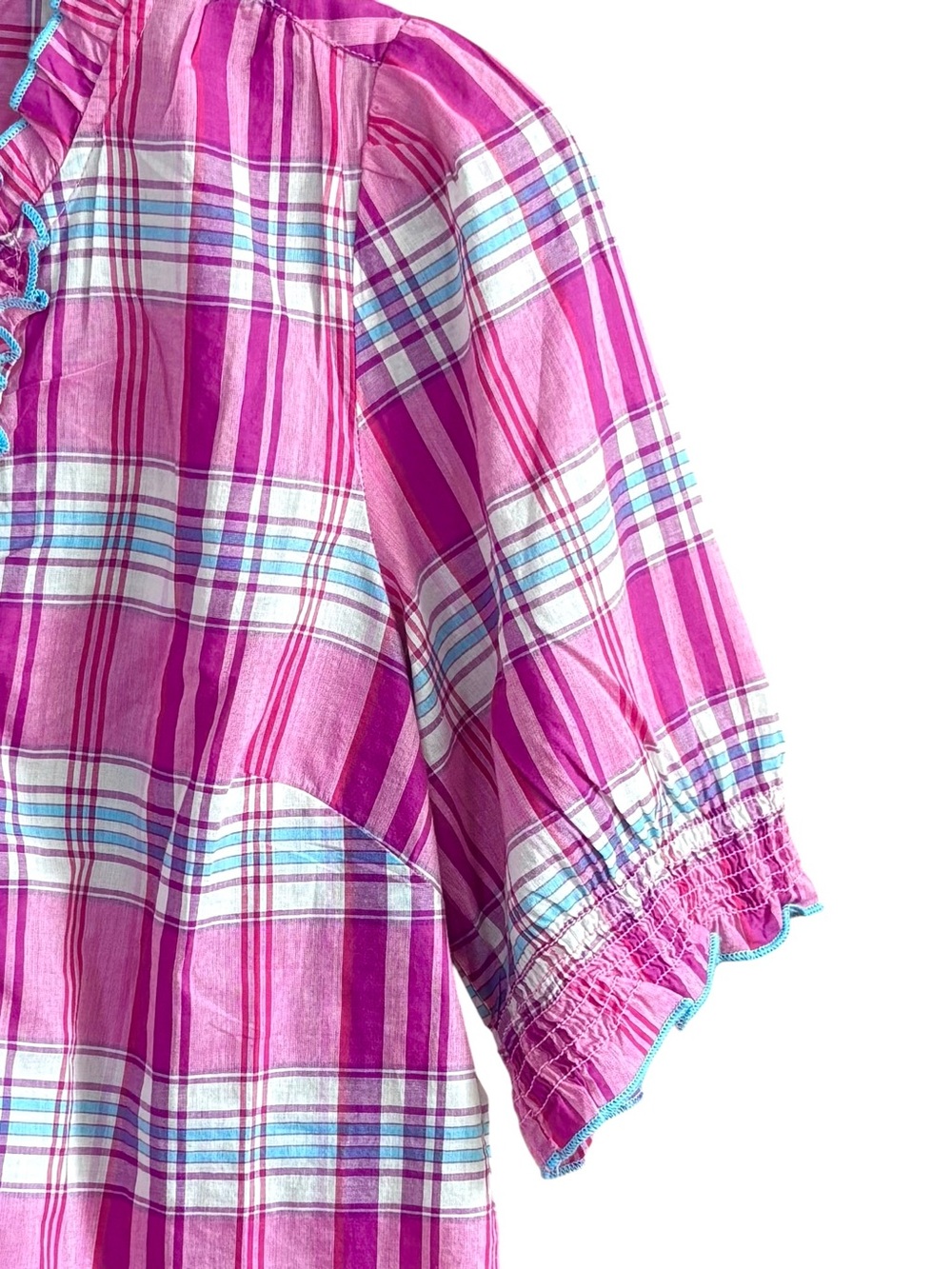 Talbots Plaid Popover Ruffle Cotton Blouse XS Pink - Picture 4 of 9